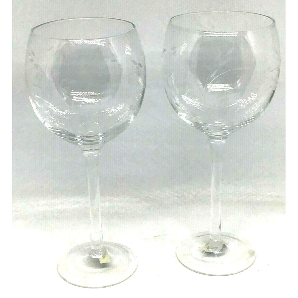 Wine Water Glasses Goblets Elements Etched Leaves Stem Pair 2 Elegant Simple